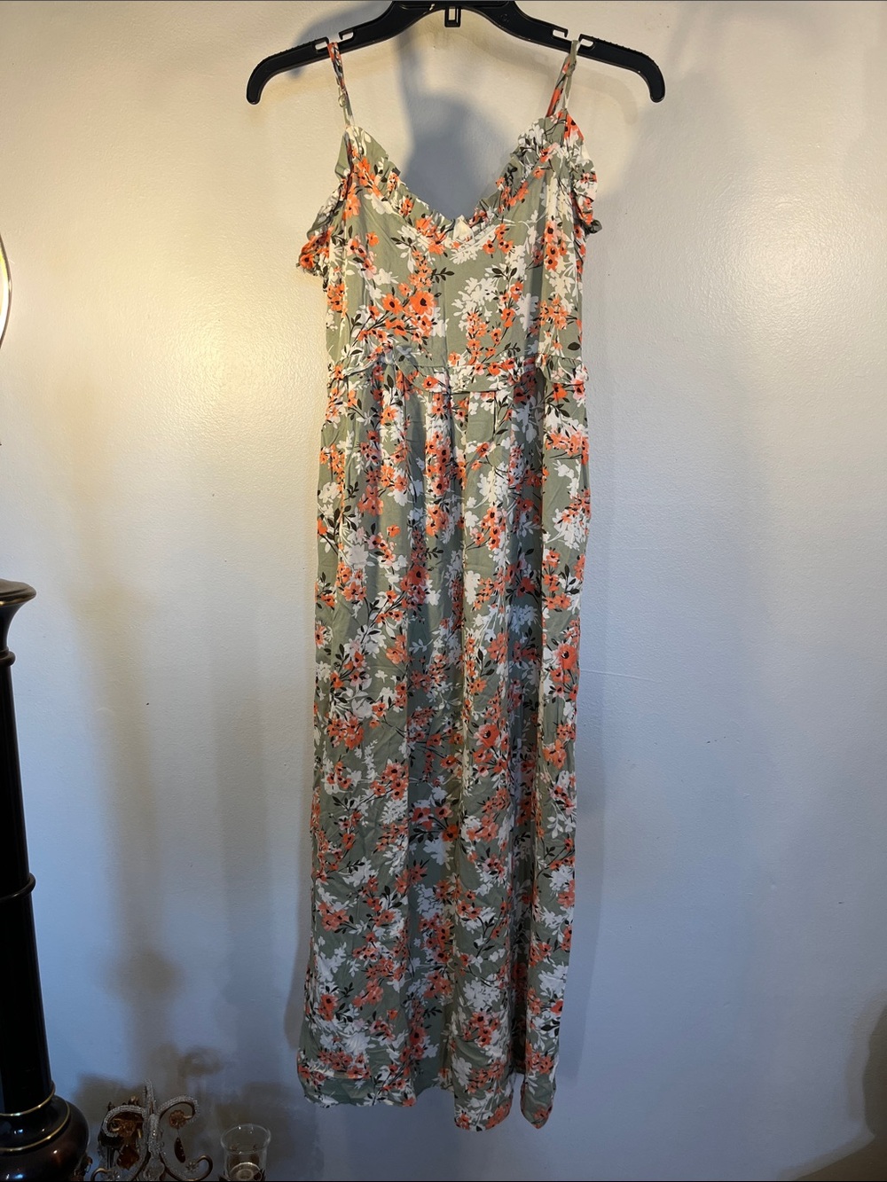 Primark Sage Green Maxi Dress with Coral Floral Print